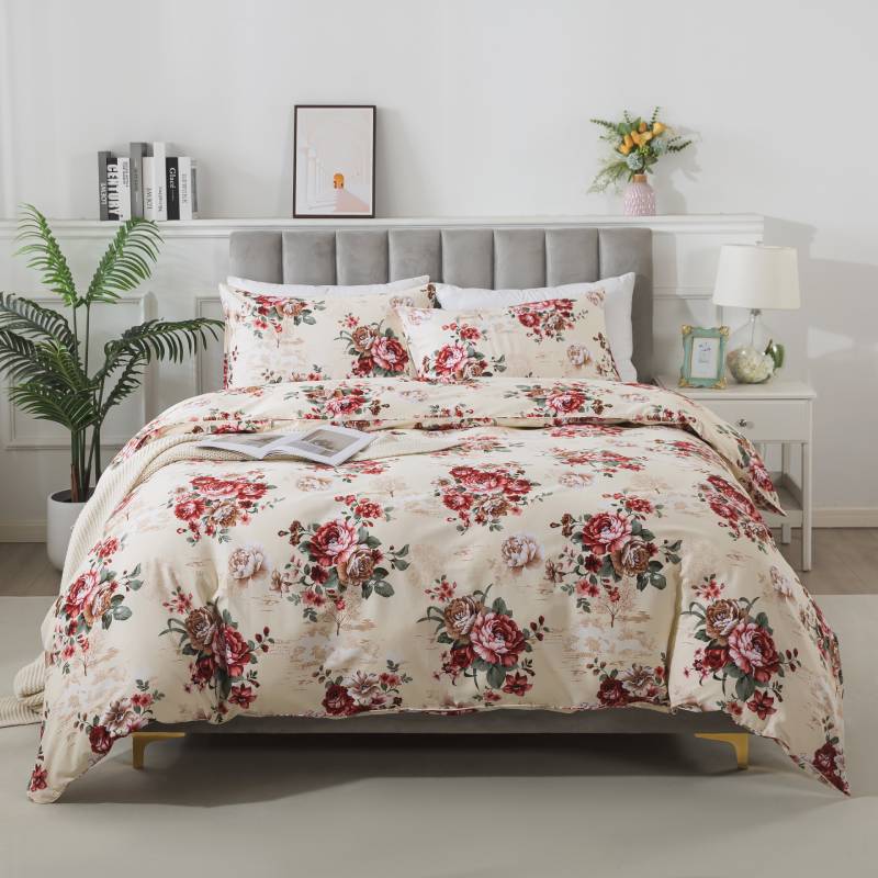 Duvet Cover Set-Brown and Red Peonies