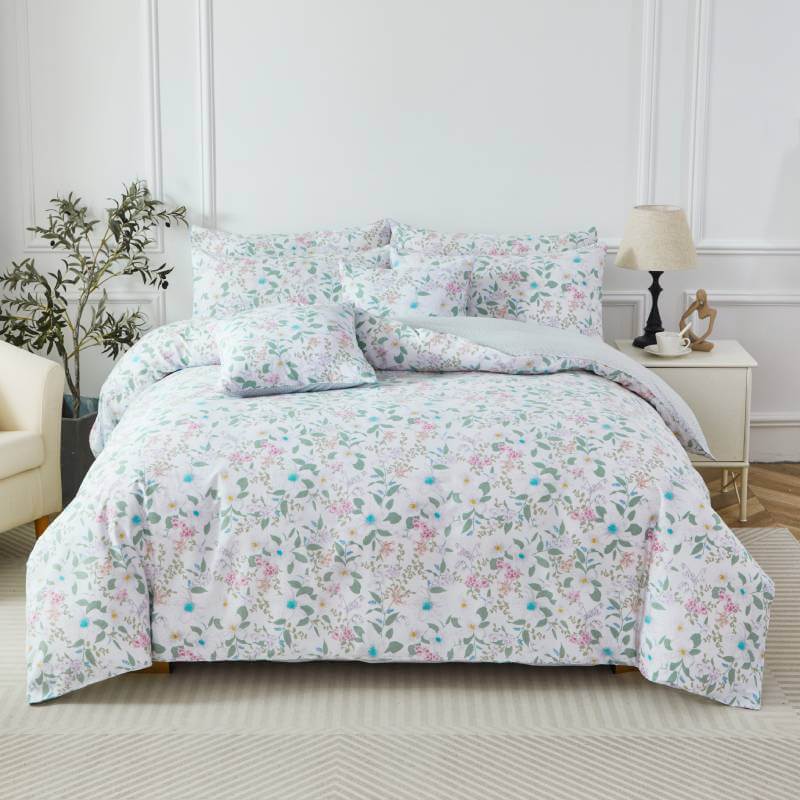 Duvet Cover Set-Flowers & Green Leaves