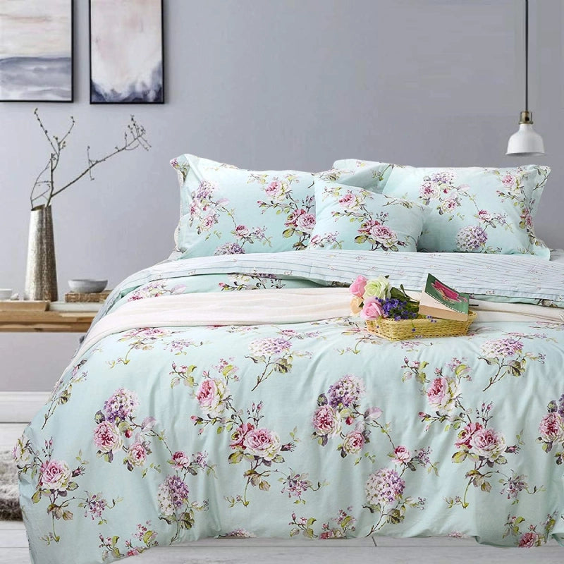Duvet Cover Set-Big Flowers Teal
