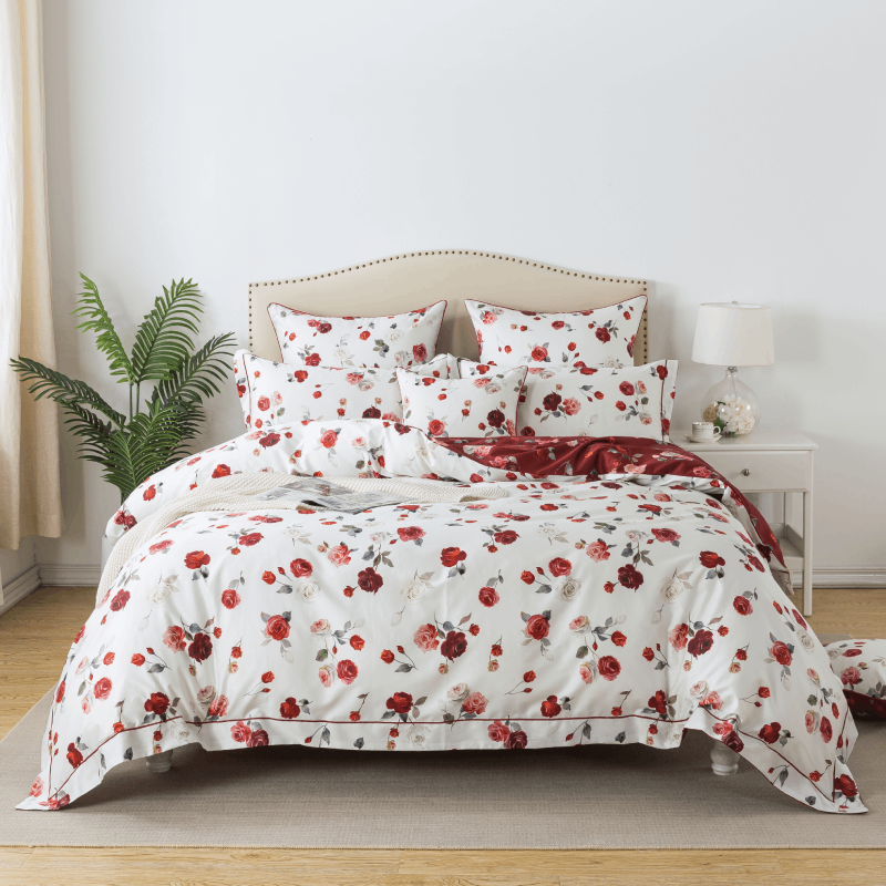 Duvet Cover Set-White and Red Rose Floral